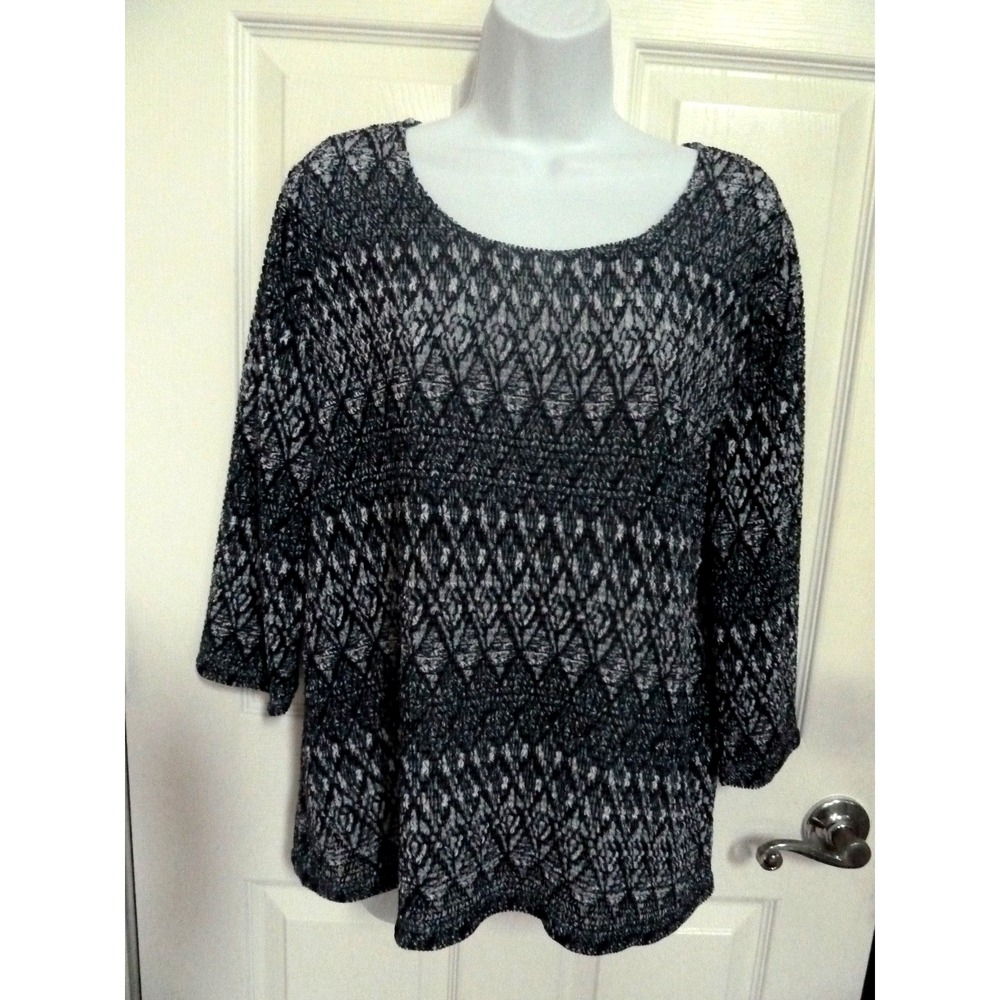 Easywear by Chico's Sz 2 Large Blue Black White Knit 3/4 Sleeve Top Career
